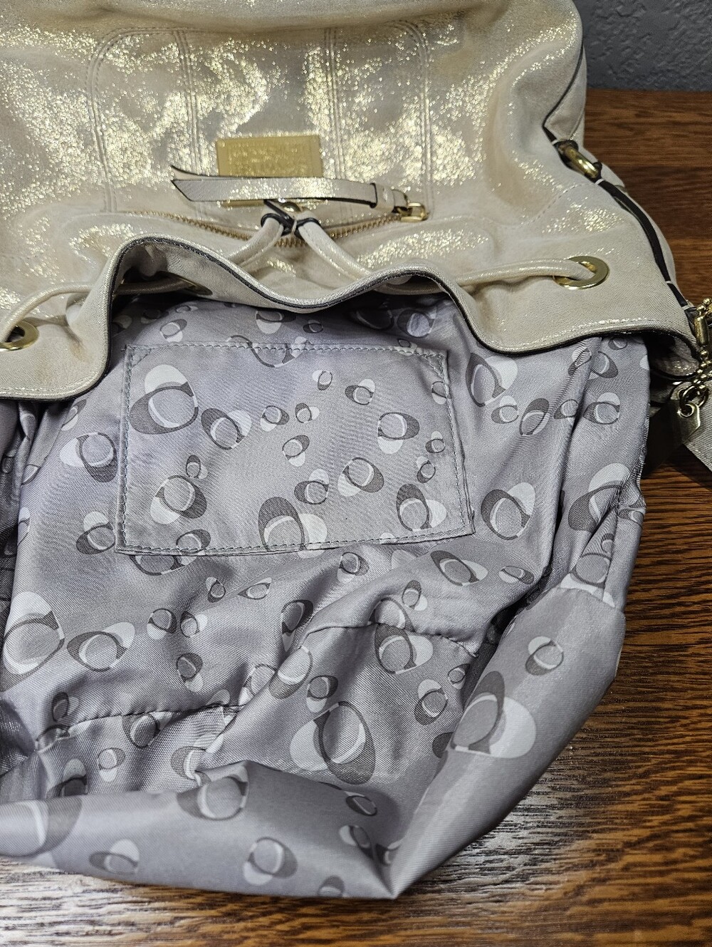 Coach Poppy Gold Shimmer Cinch Bucket Bag - Picture 15 of 16